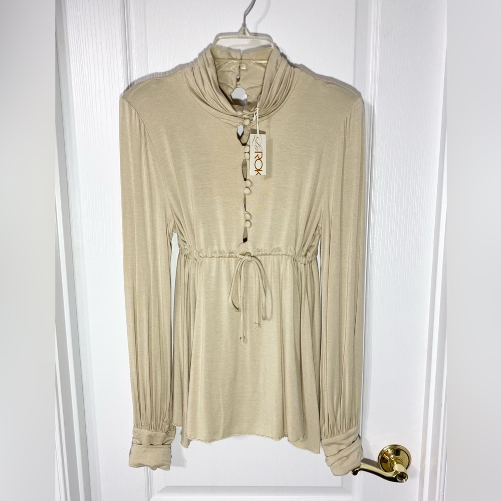 NWT Y2K LaRok Peek A Boo Empire Waist Ruched Neck & Cuff Knit Blouse Beige L